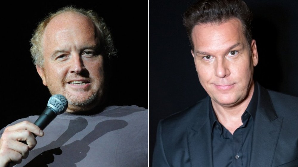 Louis C.K. on stage with microphone, Dane Cook looking at camera