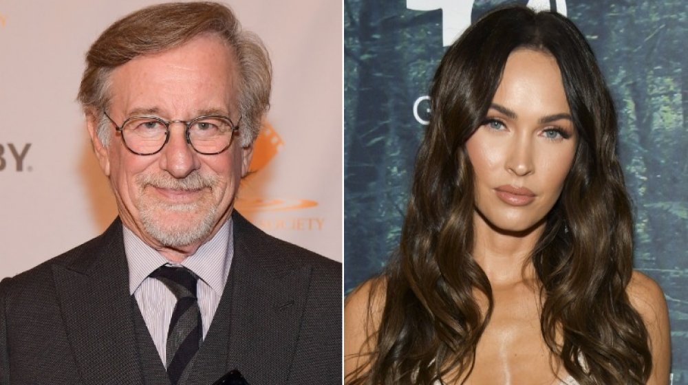 Steven Spielberg, Megan Fox, both standing, split image