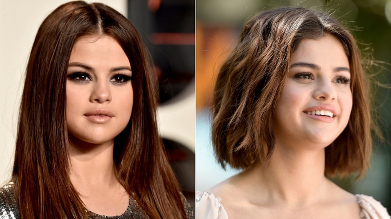 Selena Gomez in 2016 vs. in 2018 with a short bob.