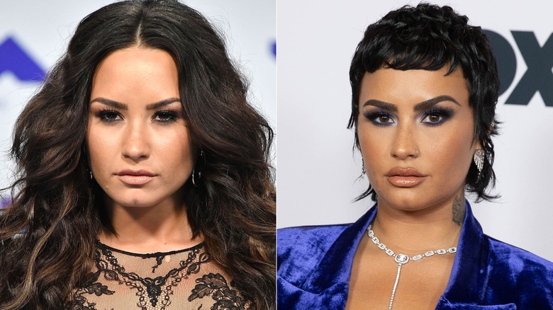 Demi Lovato in 2017 vs. in 2021 with a pixie cut.
