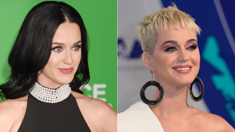 Katy Perry in 2016 vs. with a pixie cut and her hair dyed platinum 2017.