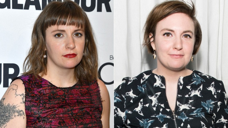 Lena Dunham in 2017 with long hair vs. in 2018 with a pixie cut.
