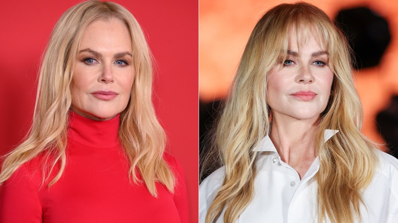 Nicole Kidman in 2024 vs. with bangs at Paris Fashion Week 2025.