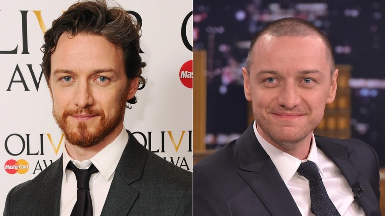 James McAvoy with hair and beard on left, McAvoy with buzzed head smiling on right.