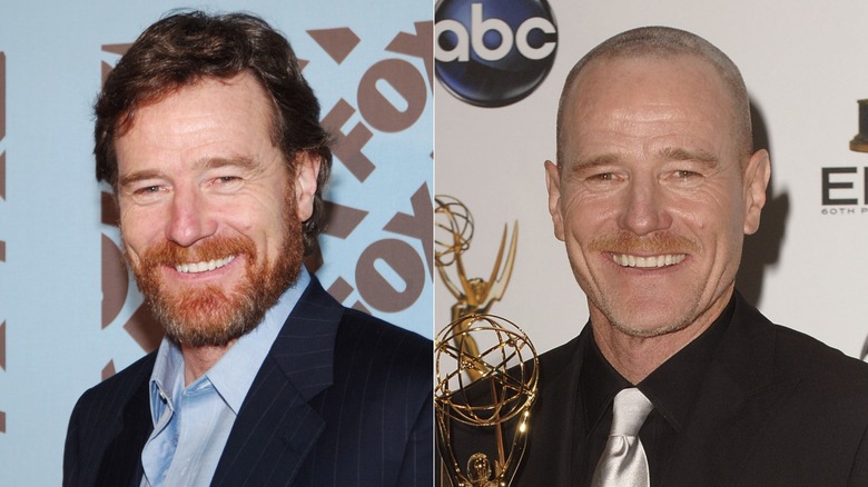 Bryan Cranston smiling with full head of hair on left, Cranston smiling and holding award with bald head. on right.