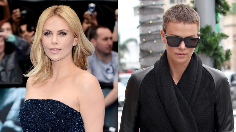 Charlize Theron with long blond hair on left, Theron with short pixie cut on right.