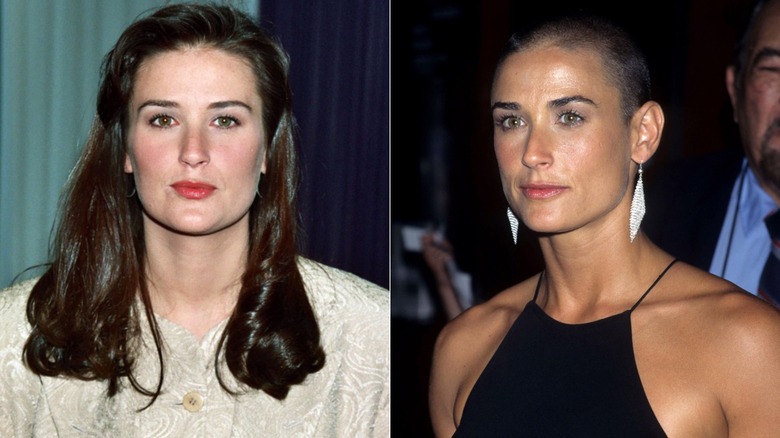 Demi Moore with long hair on left, Moore with shaved head on right.
