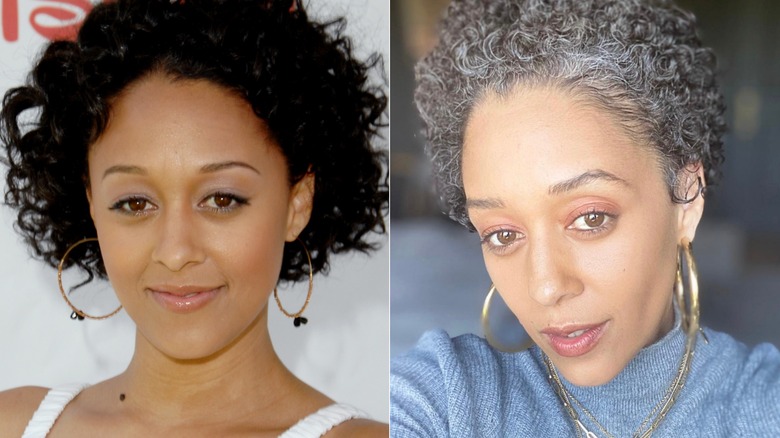 Tia Mowry with gray hair taking a selfie