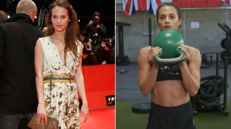 Alicia Vikander on the red carpet, left, and training for Tomb Raider, right