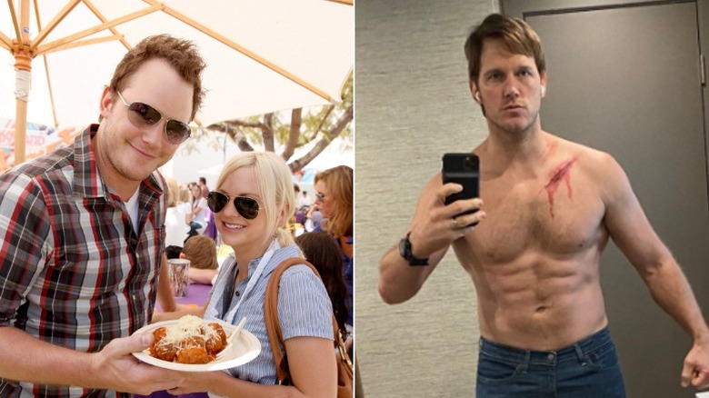 Chris Pratt enjoying food, left, taking a shirtless mirror selfie, right