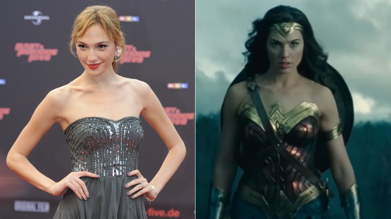 Gal Gadot on the red carpet, left, in Wonder Woman, right