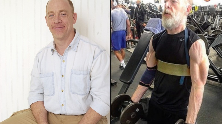 J.K. Simmons posing, left, and working out on in the gym, right