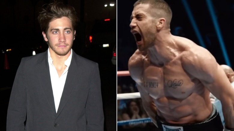 Jake Gyllenhaal in a sports jacket, left, and in Southpaw, right