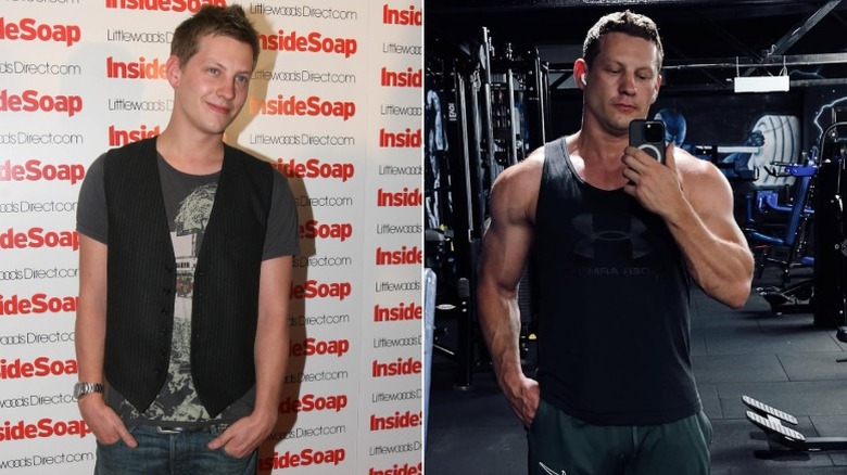 James Sutton on the red carpet, left, and a mirror gym selfie, right
