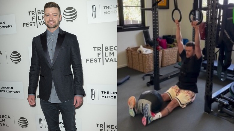Justin Timberlake on the red carpet, left, and training with rings, right