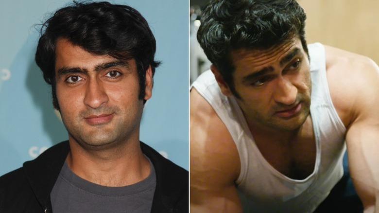 Kumail Nanjiani on the red carpet, left, in the gym wearing a white tank, right