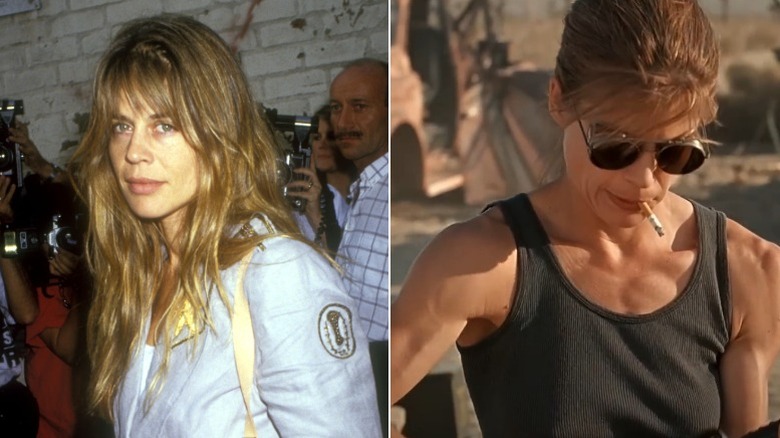 Linda Hamilton posing left, and in Terminator 2, right
