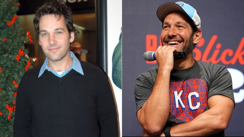 Paul Rudd in a sweater, left, and holding a microphone at a press event, right