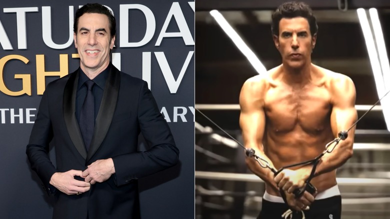 Sacha Baron Cohen on the red carpet, left, and Cohen working out with cables, right