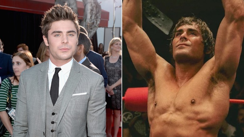 Zac Efron in a suit, left, and in the The Iron Claw, right