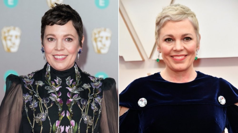 Left: Olivia Colman with short black hair / RIght: Olivia Colman with short blonde hair