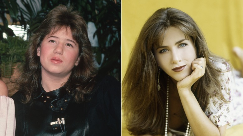 Chaz Bono wearing a black leather studded top and large permed hair and Jennifer Aniston wearing a white floral dress and a long strand of pearls with long brown hair