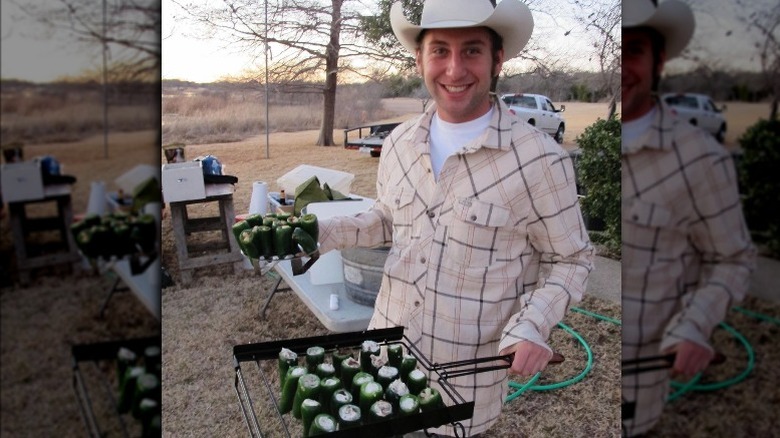 A young Chef Mat Shea cooking jalapenos 