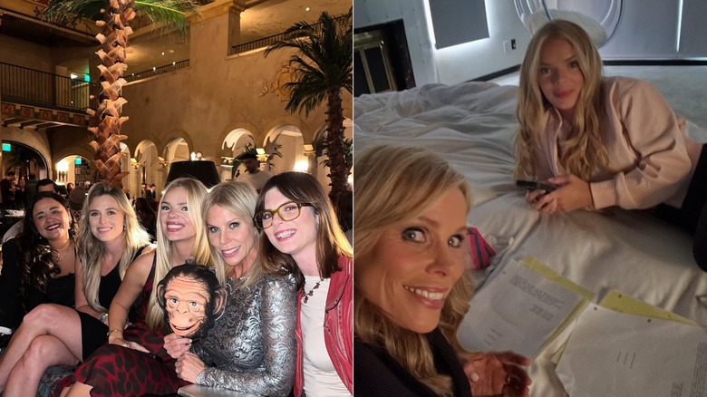 Cheryl Hines and friends at a Scream Fest LA event & Cheryl Hines with Catherine Rose Young reading scripts on a bed