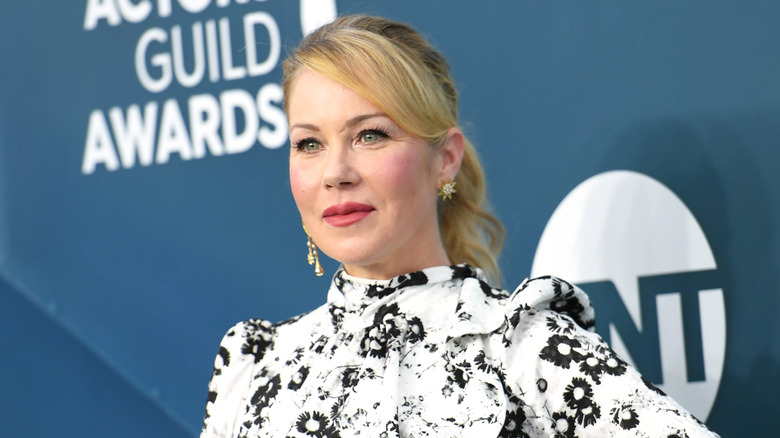 Up-close photo of Christina Applegate wearing her hair in a ponytail