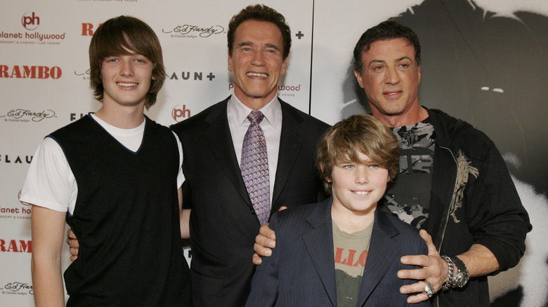 Christopher Schwarzenegger with brother Patrick and dad Arnold and Sylvester Stallone at Lionsgate World Premiere of 'Rambo'