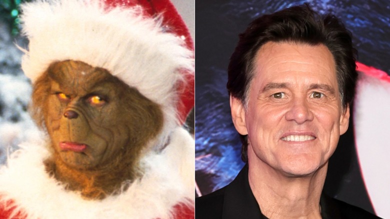 Split image of Jim Carrey scowling as The Grinch and Jim Carrey smiling in 2024