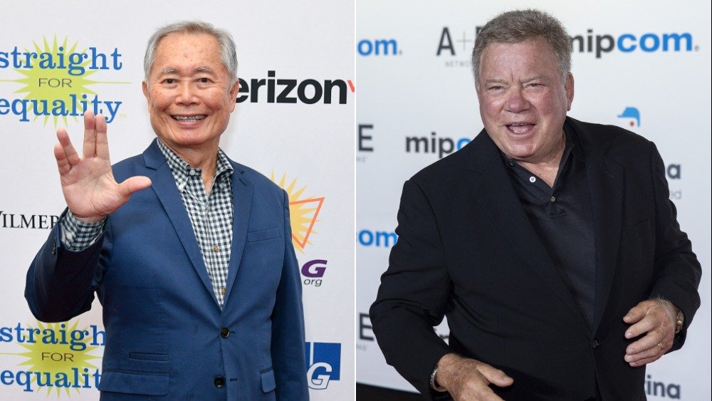 George Takei and William Shatner, split image, both smiling