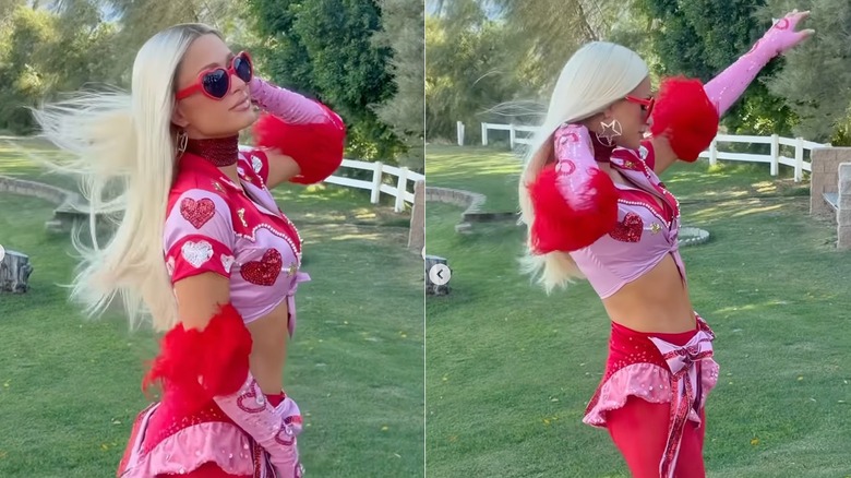 Paris Hilton posing in a red-and-pink cowgirl outfit at Coachella 2026