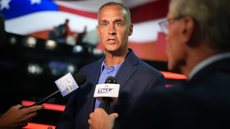 Corey Lewandowski speaking to reporters at the 2024 RNC.
