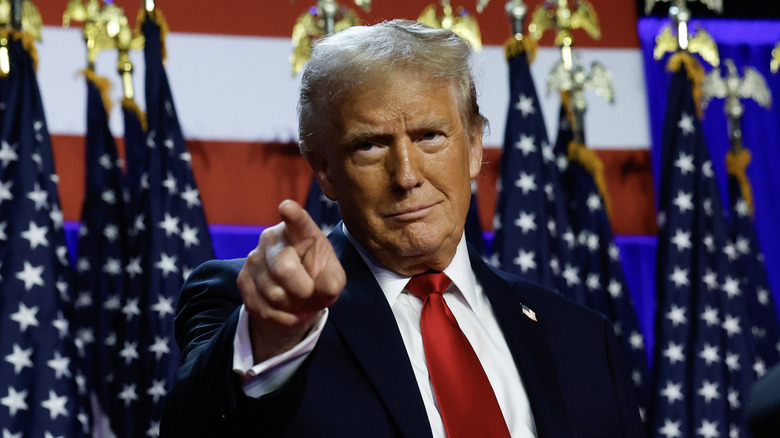 Donald Trump points at crowd on Election Night