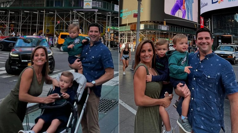Dianna Russini posing with her family in Times Square.