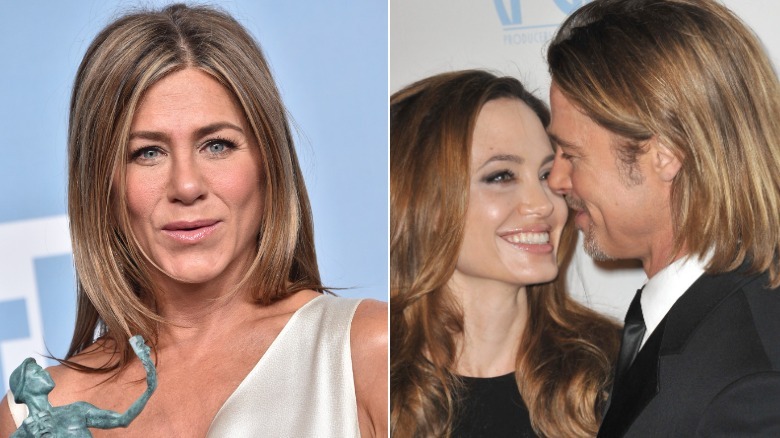 Jennifer Aniston looking surprised, Angelina Jolie and Brad Pitt smiling at each other