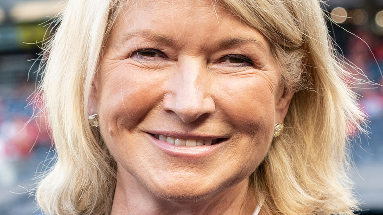 Martha Stewart smiles at a football game