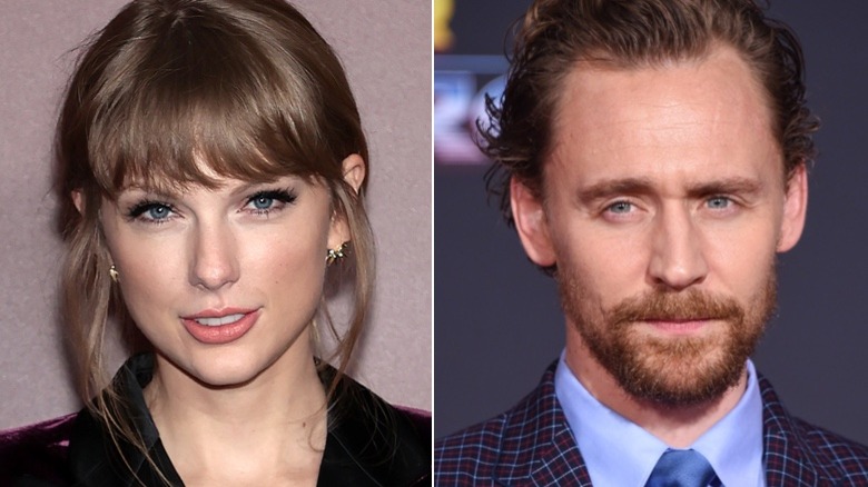 Taylor Swift and Tom Hiddleston posing in split image