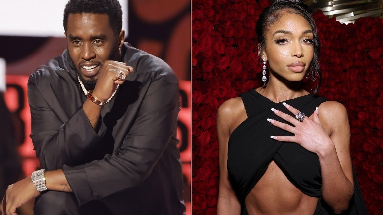 Diddy crouching down, Lori Harvey with hand on chest