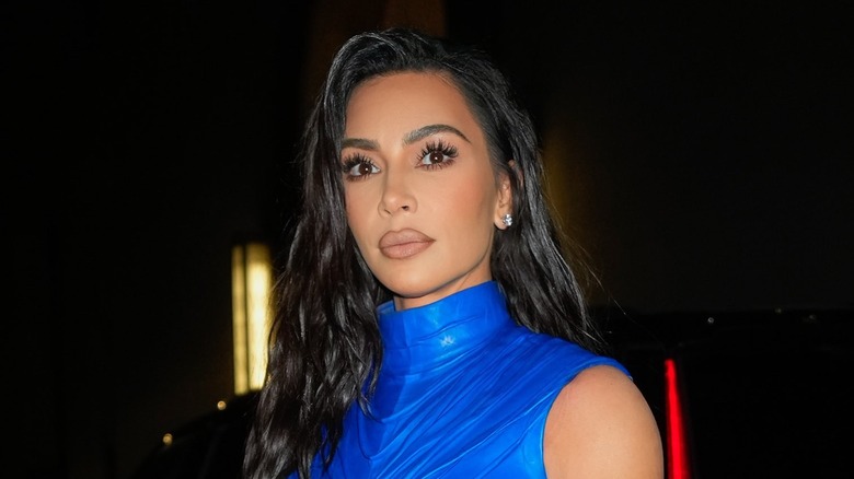 Kim Kardashian nude lip blue dress