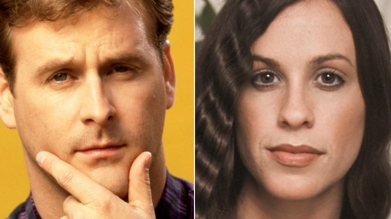 Dave Coulier stroking chin Alanis Morissette smiling