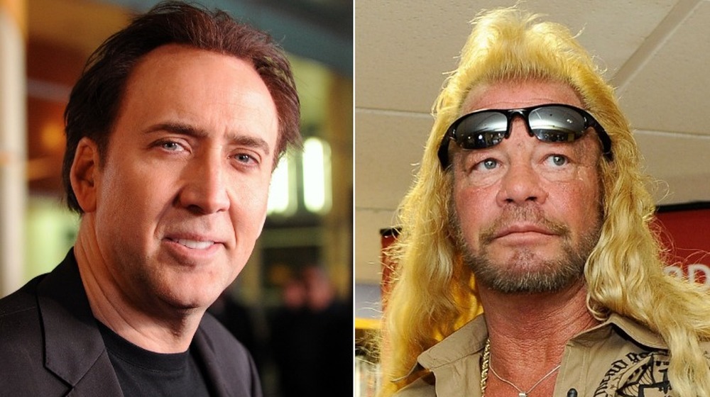 Nicolas Cage, no facial hair, smiling, in suit, 2011; Dog the Bounty Hunter, not smiling, sunglasses off on head, looking off into distance, 2013