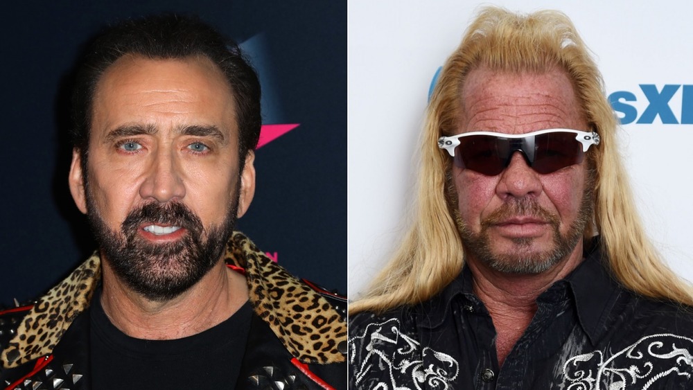 Nicolas Cage, not smiling, leopard print jacket, facial hair on red carpet; Dog the Bounty Hunter, black shirt, not smiling, sunglasses, hair down