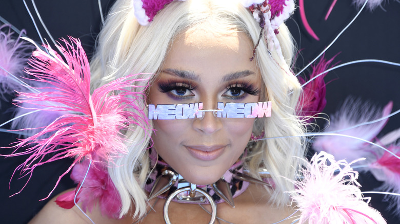 Doja Cat wears meow glasses and feathers while on the red carpet