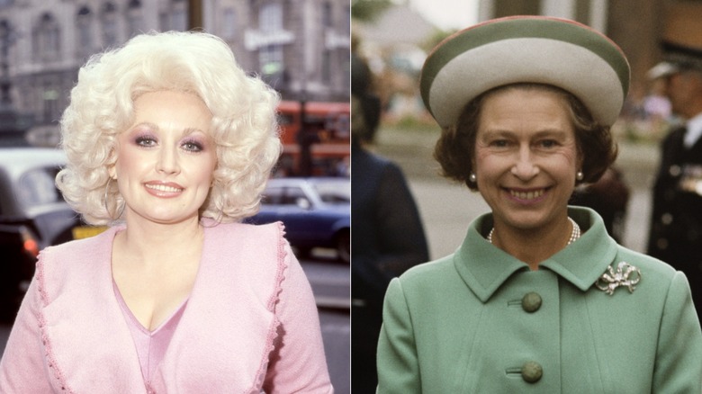 Split image of Dolly Parton and Queen Elizabeth II.