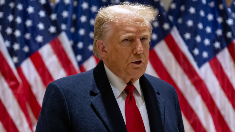 Donald Trump speaking in front of American flags