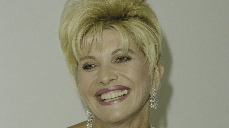 1999 photo of Ivana Trump with hair up, diamond earrings