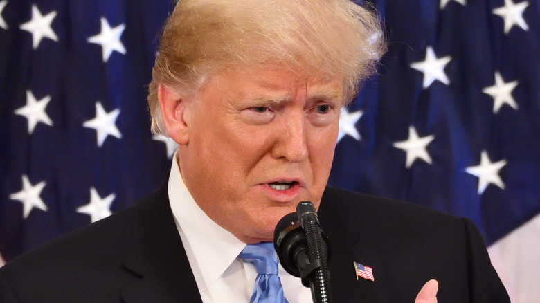 Donald Trump speaking in front of a flag