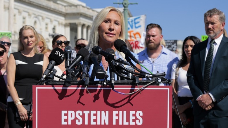 Marjorie Taylor Greene speaks during a news conference